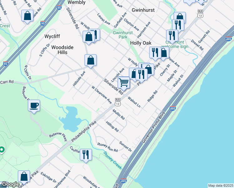 map of restaurants, bars, coffee shops, grocery stores, and more near 8 Silverside Road in Wilmington