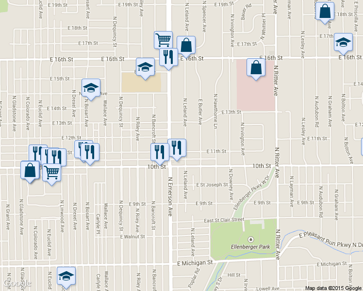 map of restaurants, bars, coffee shops, grocery stores, and more near 1114 N Leland Ave in Indianapolis