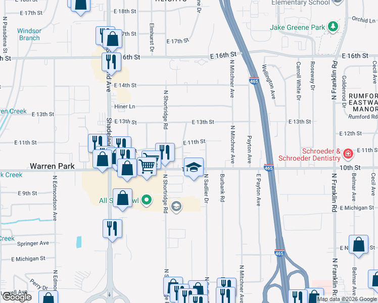 map of restaurants, bars, coffee shops, grocery stores, and more near 1061 N Hartman Dr in Indianapolis