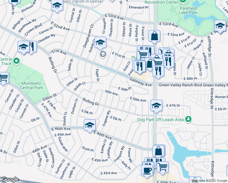 map of restaurants, bars, coffee shops, grocery stores, and more near 14929 50th Avenue in Denver