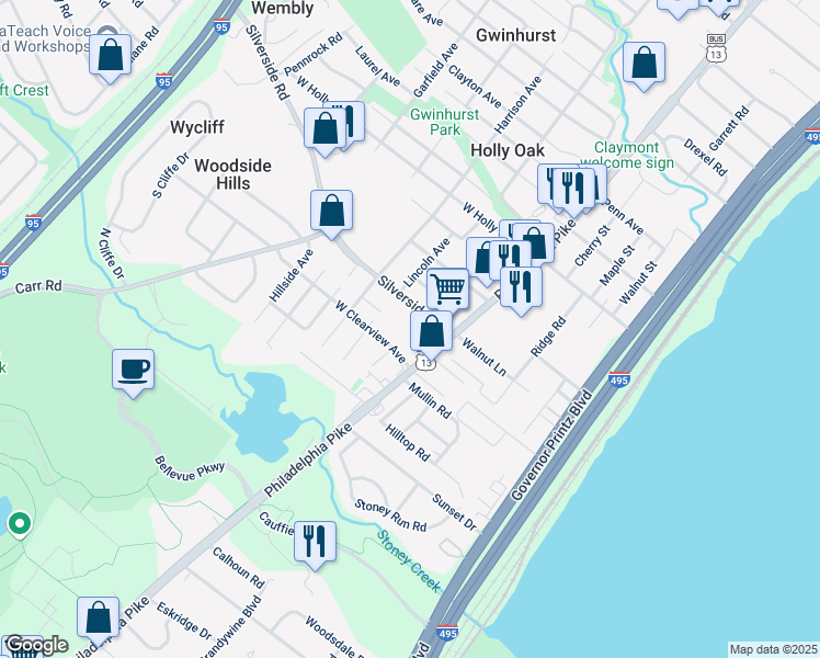 map of restaurants, bars, coffee shops, grocery stores, and more near 6 Aldee Lane in Wilmington