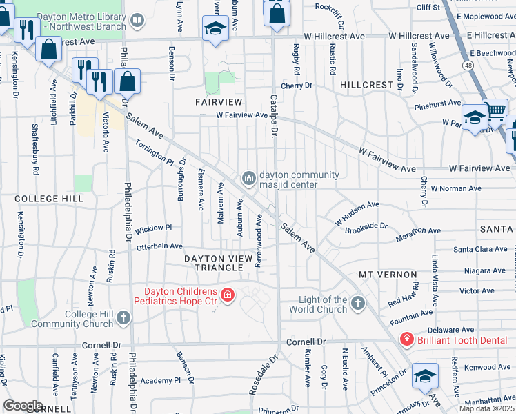 map of restaurants, bars, coffee shops, grocery stores, and more near 2106 Salem Avenue in Dayton