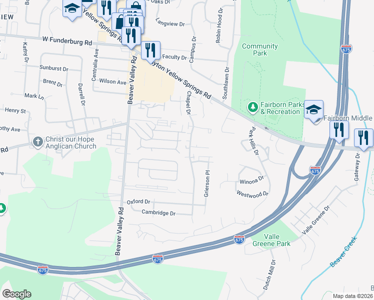 map of restaurants, bars, coffee shops, grocery stores, and more near 2149 Chapel Drive in Fairborn