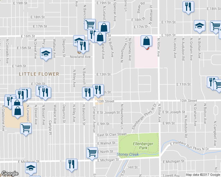 map of restaurants, bars, coffee shops, grocery stores, and more near 1114 North Butler Avenue in Indianapolis