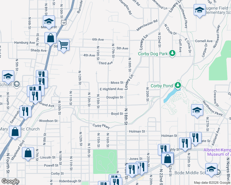 map of restaurants, bars, coffee shops, grocery stores, and more near 1712 North 17th Street in Saint Joseph