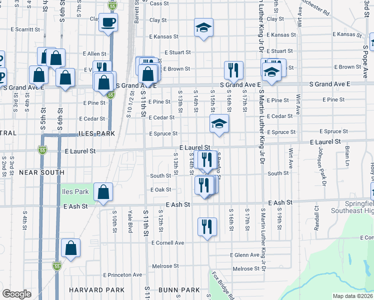 map of restaurants, bars, coffee shops, grocery stores, and more near 1800-1898 South 14th Street in Springfield