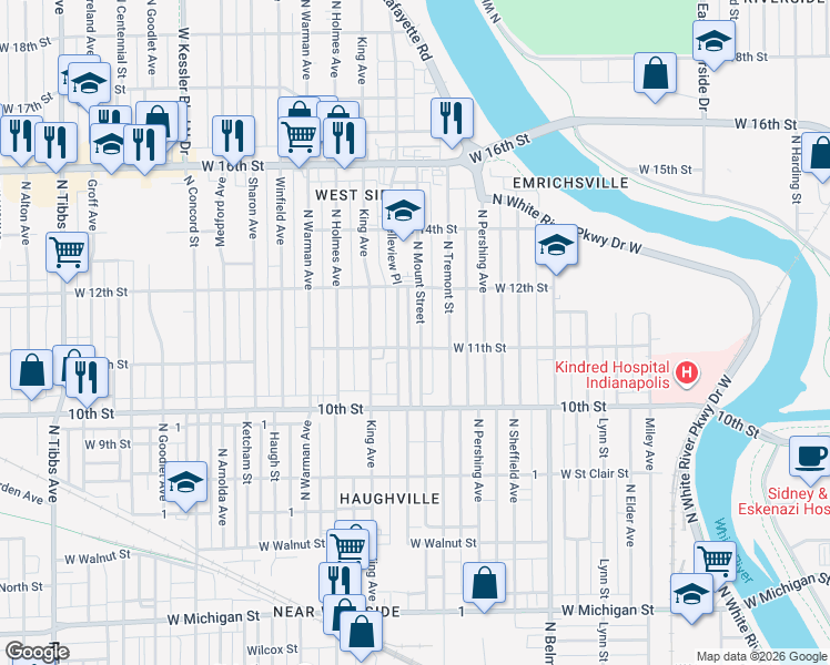 map of restaurants, bars, coffee shops, grocery stores, and more near 1114 North Mount Street in Indianapolis
