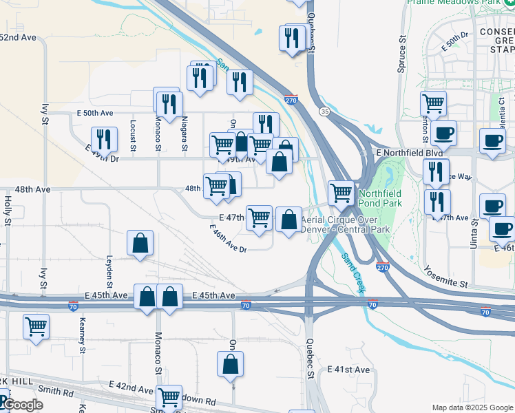map of restaurants, bars, coffee shops, grocery stores, and more near 7003 East 47th Avenue Drive in Denver