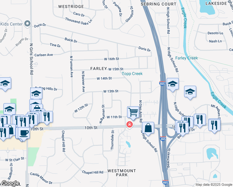 map of restaurants, bars, coffee shops, grocery stores, and more near 6521 West 13th Street in Indianapolis