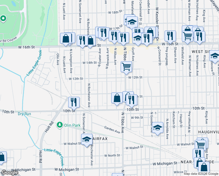 map of restaurants, bars, coffee shops, grocery stores, and more near 1125 North Berwick Avenue in Indianapolis