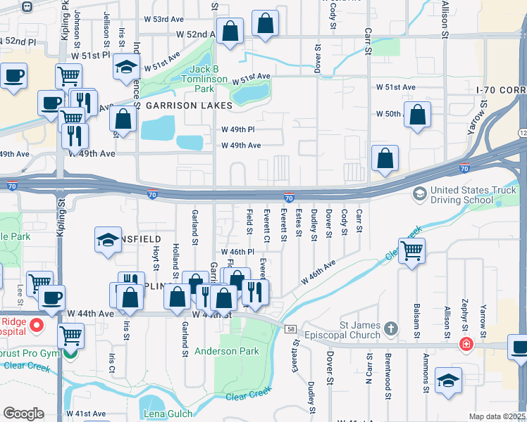 map of restaurants, bars, coffee shops, grocery stores, and more near 4753 Everett Court in Wheat Ridge