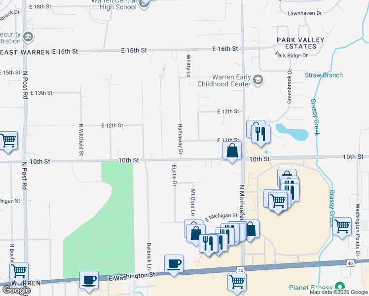 map of restaurants, bars, coffee shops, grocery stores, and more near 1005 Hathaway Drive in Indianapolis