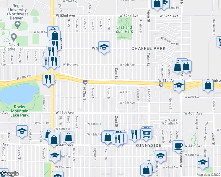 map of restaurants, bars, coffee shops, grocery stores, and more near 4750 Alcott Street in Denver