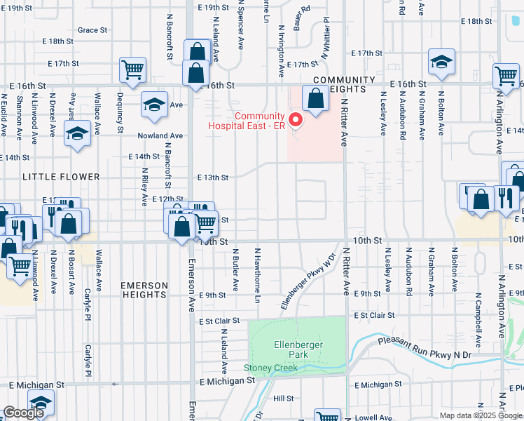 map of restaurants, bars, coffee shops, grocery stores, and more near 1115 North Hawthorne Lane in Indianapolis