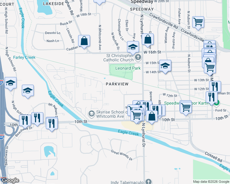 map of restaurants, bars, coffee shops, grocery stores, and more near 5431 Carlton Court in Speedway