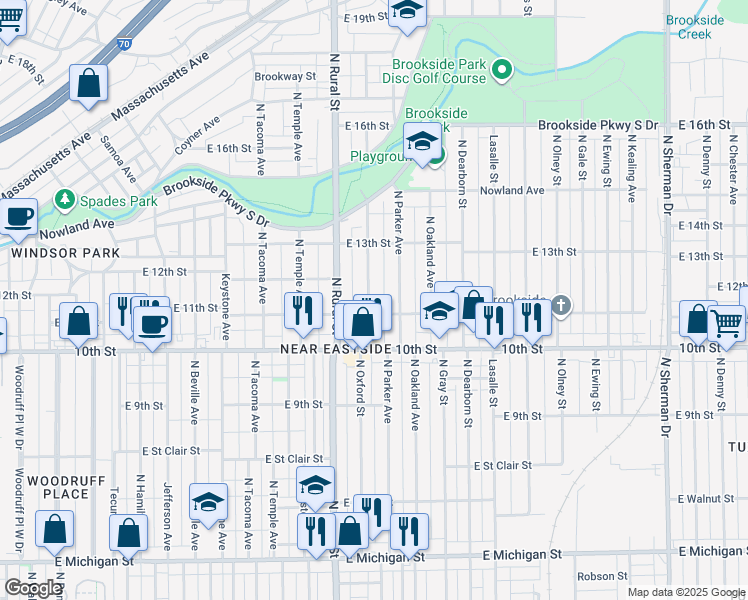 map of restaurants, bars, coffee shops, grocery stores, and more near 1115 North Oxford Street in Indianapolis