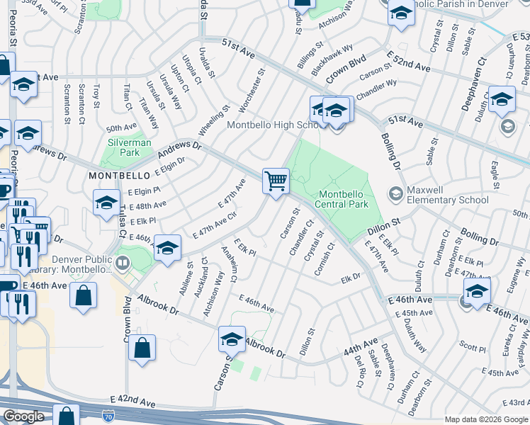 map of restaurants, bars, coffee shops, grocery stores, and more near 4850 Crown Boulevard in Denver