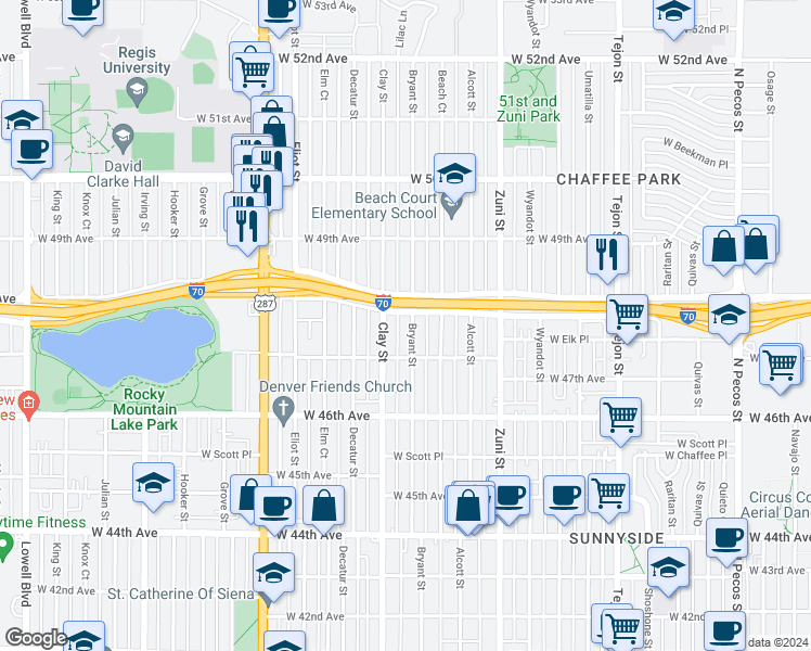 map of restaurants, bars, coffee shops, grocery stores, and more near 4755 Bryant Street in Denver