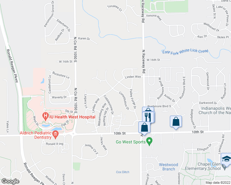 map of restaurants, bars, coffee shops, grocery stores, and more near 1292 Constitution Drive in Indianapolis