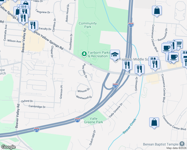 map of restaurants, bars, coffee shops, grocery stores, and more near 655 Hidden Valley Ct in Fairborn