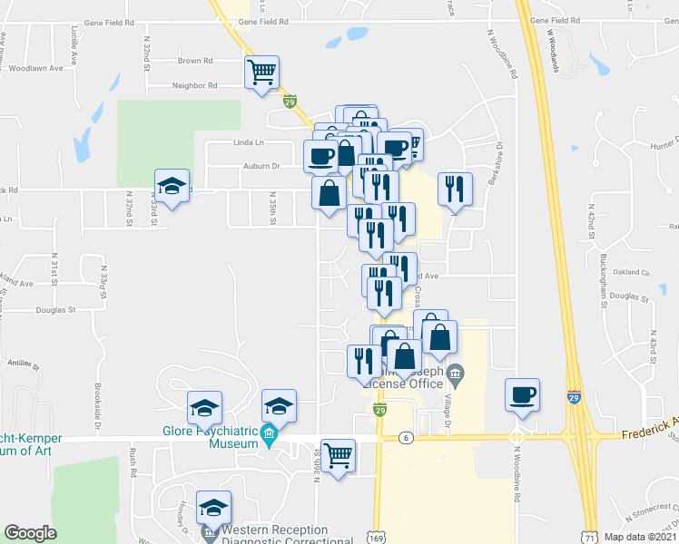 map of restaurants, bars, coffee shops, grocery stores, and more near 1601-1807 North 36th Street in Saint Joseph