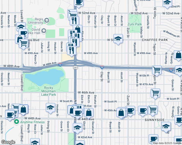 map of restaurants, bars, coffee shops, grocery stores, and more near 4736 Elm Court in Denver