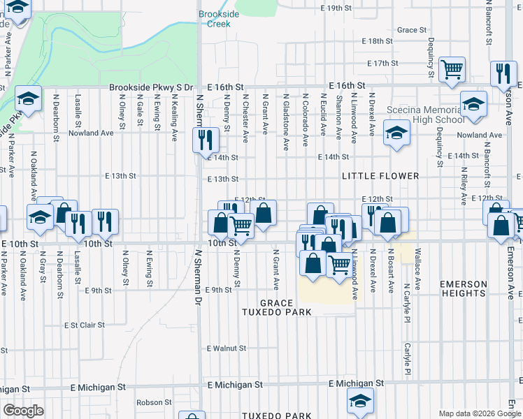 map of restaurants, bars, coffee shops, grocery stores, and more near 1124 North Grant Avenue in Indianapolis