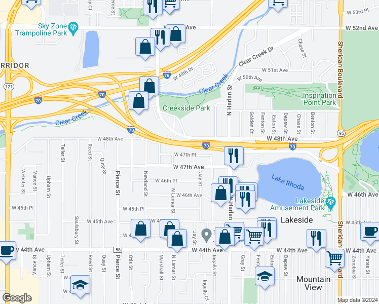 map of restaurants, bars, coffee shops, grocery stores, and more near 6245 West 47th Place in Wheat Ridge