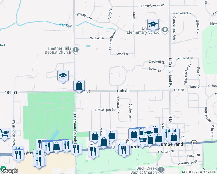 map of restaurants, bars, coffee shops, grocery stores, and more near 1032 Pine Mountain Way in Indianapolis