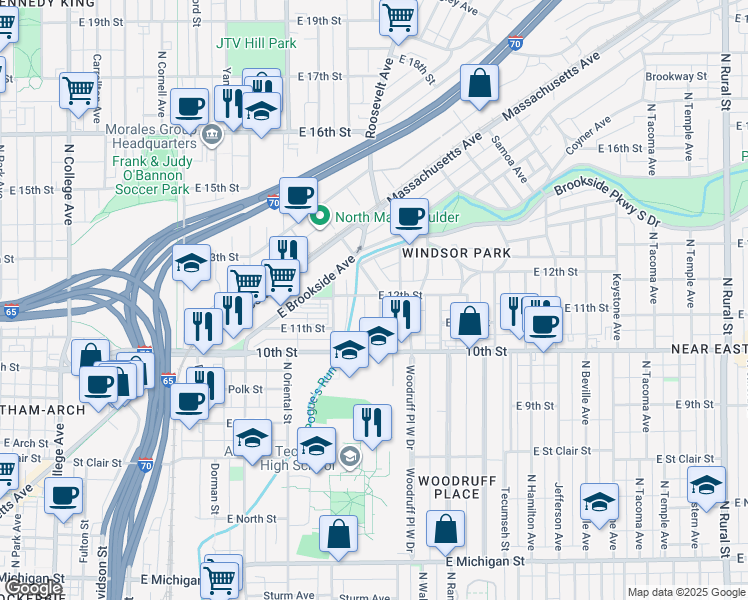 map of restaurants, bars, coffee shops, grocery stores, and more near 1130 North Newman Street in Indianapolis