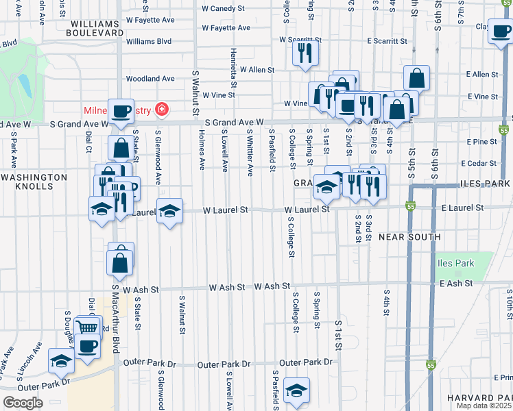 map of restaurants, bars, coffee shops, grocery stores, and more near 1624 South Whittier Avenue in Springfield