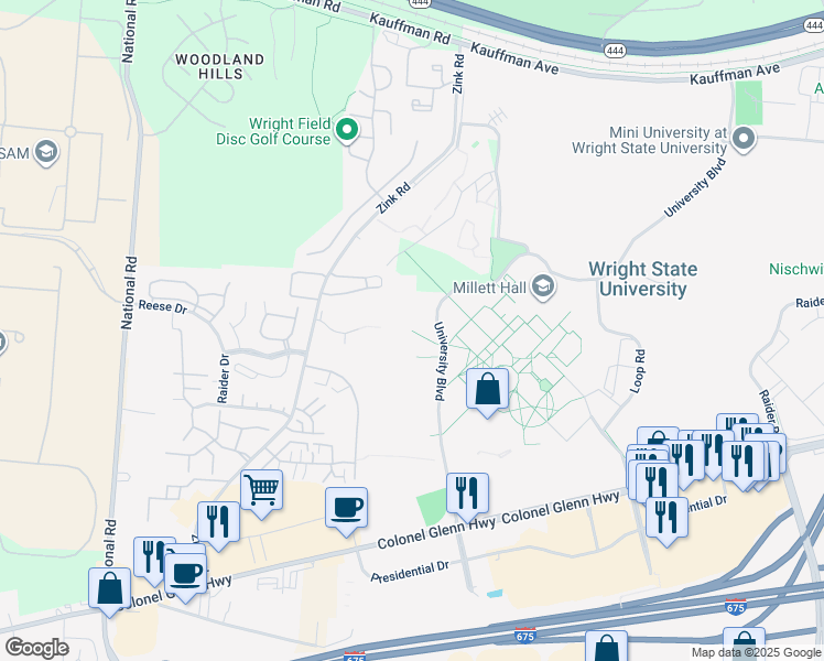 map of restaurants, bars, coffee shops, grocery stores, and more near 1201 Forest Lane in Fairborn