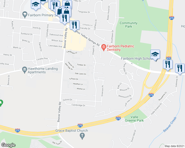 map of restaurants, bars, coffee shops, grocery stores, and more near 2149 Chapel Drive in Fairborn