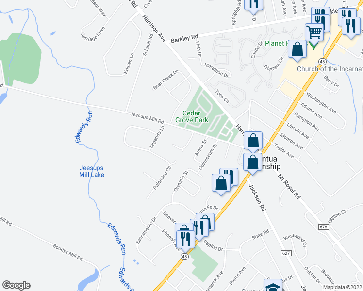 map of restaurants, bars, coffee shops, grocery stores, and more near Boxwood Ct in Mantua