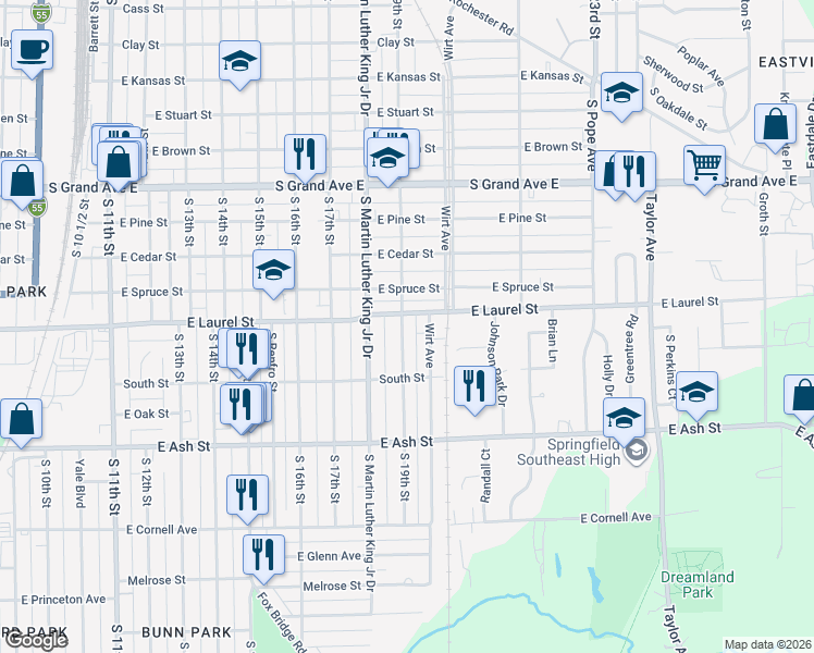 map of restaurants, bars, coffee shops, grocery stores, and more near 1806 South 19th Street in Springfield