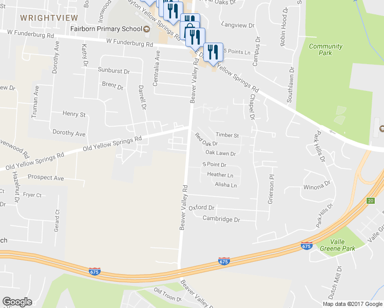 map of restaurants, bars, coffee shops, grocery stores, and more near 2164 Beaver Valley Road in Fairborn