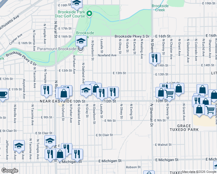 map of restaurants, bars, coffee shops, grocery stores, and more near 1116 North Tuxedo Street in Indianapolis