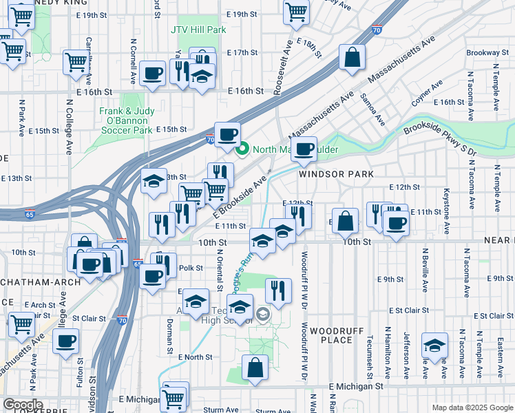 map of restaurants, bars, coffee shops, grocery stores, and more near 1133 North Arsenal Avenue in Indianapolis