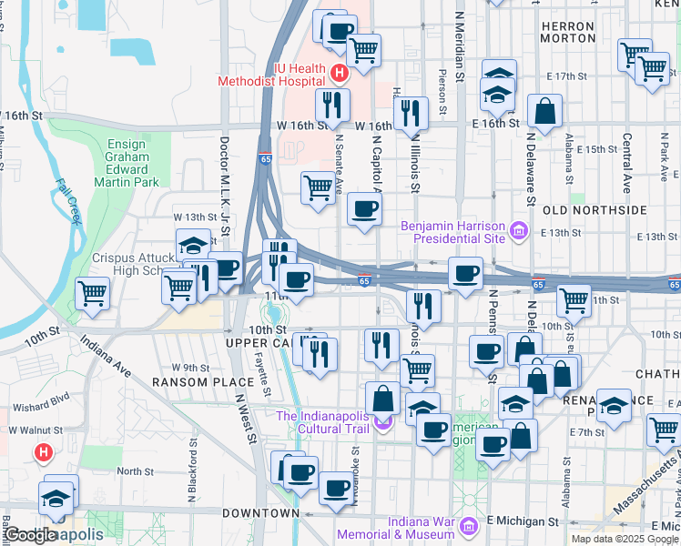 map of restaurants, bars, coffee shops, grocery stores, and more near 1191 North Senate Avenue in Indianapolis