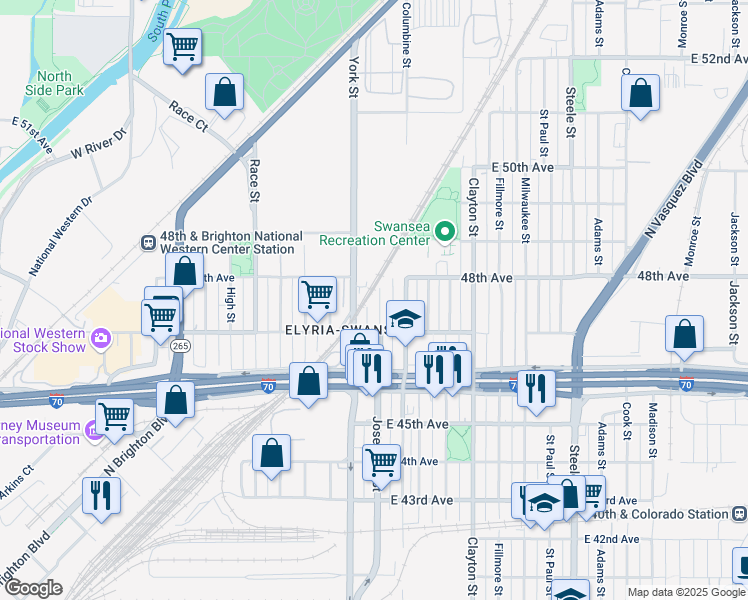 map of restaurants, bars, coffee shops, grocery stores, and more near 4728 Josephine Street in Denver