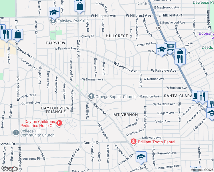map of restaurants, bars, coffee shops, grocery stores, and more near 460 Allwen Drive in Dayton