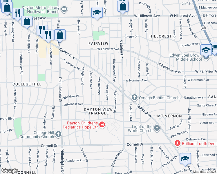 map of restaurants, bars, coffee shops, grocery stores, and more near 1931 Auburn Avenue in Dayton