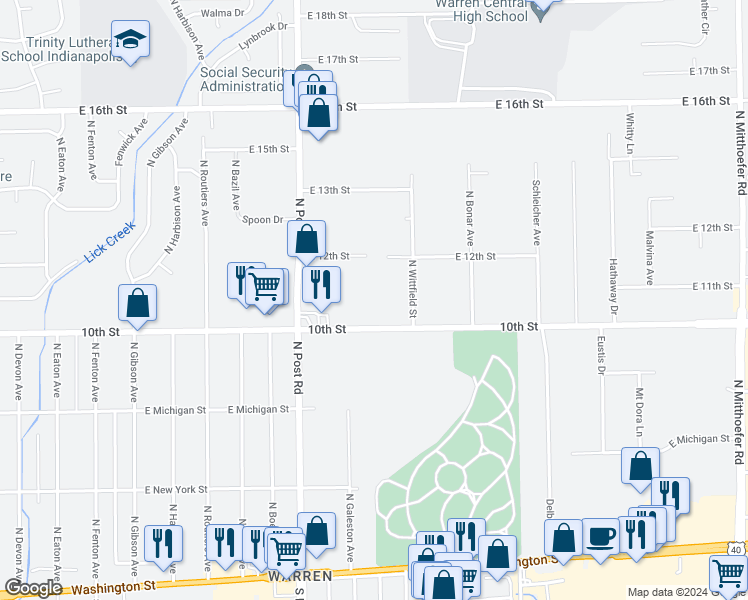 map of restaurants, bars, coffee shops, grocery stores, and more near 9100 East 10th Street in Indianapolis