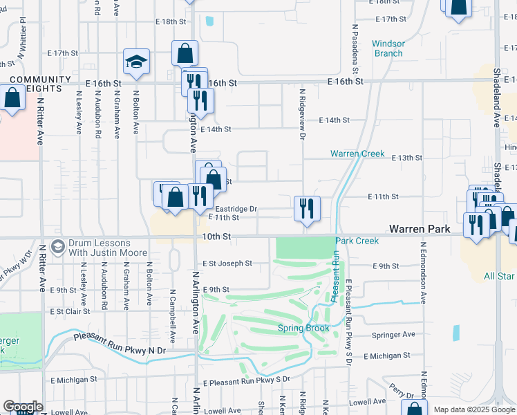 map of restaurants, bars, coffee shops, grocery stores, and more near 6124 Eastridge Drive in Indianapolis