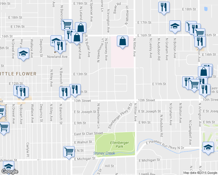 map of restaurants, bars, coffee shops, grocery stores, and more near 1109 North Downey Avenue in Indianapolis