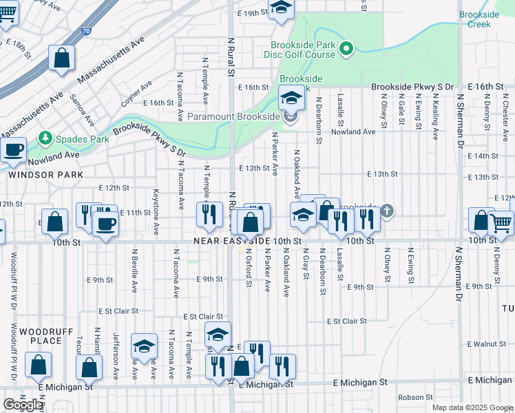 map of restaurants, bars, coffee shops, grocery stores, and more near 1115 North Oxford Street in Indianapolis