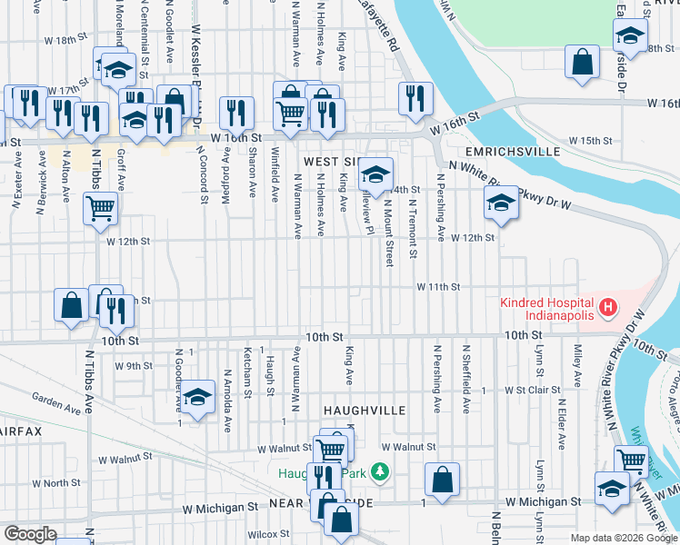 map of restaurants, bars, coffee shops, grocery stores, and more near 1117 North Holmes Avenue in Indianapolis