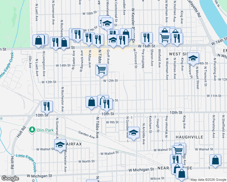 map of restaurants, bars, coffee shops, grocery stores, and more near 1140 North Centennial Street in Indianapolis