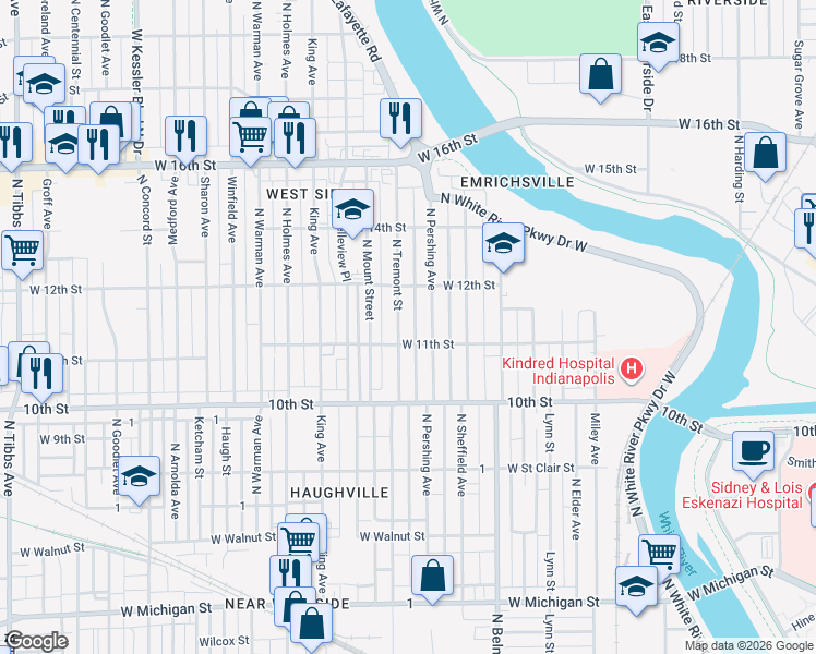 map of restaurants, bars, coffee shops, grocery stores, and more near 1117 North Tremont Street in Indianapolis