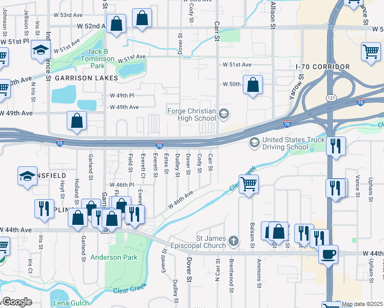 map of restaurants, bars, coffee shops, grocery stores, and more near 4776 Dover Street in Wheat Ridge